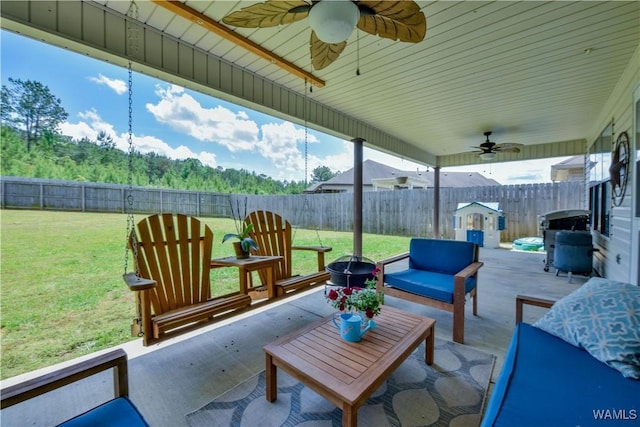 13024 Brookview Way, Northport, AL 35473 - view of patio / terrace with grilling area, ceiling fan, a fenced backyard, and an outdoor hangout area