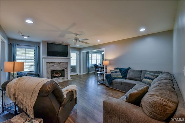 13024 Brookview Way, Northport, AL 35473 - living area with recessed lighting, a ceiling fan, a brick fireplace, and wood finished floors