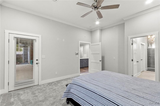 11480 Saint Joseph St, Northport, AL 35475 - bedroom with access to outside, ornamental molding, connected bathroom, light carpet, and baseboards