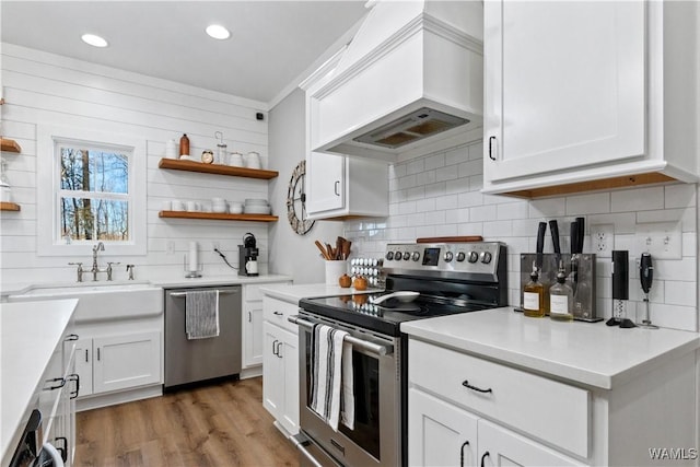 kitchen with appliances with stainless steel finishes, a sink, custom exhaust hood, and open shelves