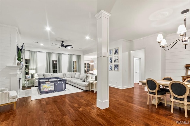13862 Willow View Ln, Northport, AL 35475 - living area featuring a chandelier, ceiling fan, crown molding, wood finished floors, and recessed lighting