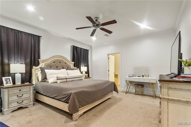 13862 Willow View Ln, Northport, AL 35475 - bedroom featuring ornamental molding, connected bathroom, light carpet, and ceiling fan