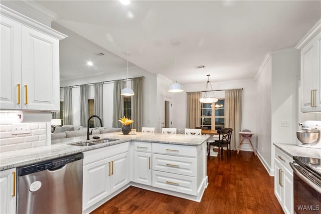 13862 Willow View Ln, Northport, AL 35475 - kitchen featuring dishwasher, white cabinets, light stone counters, crown molding, and recessed lighting
