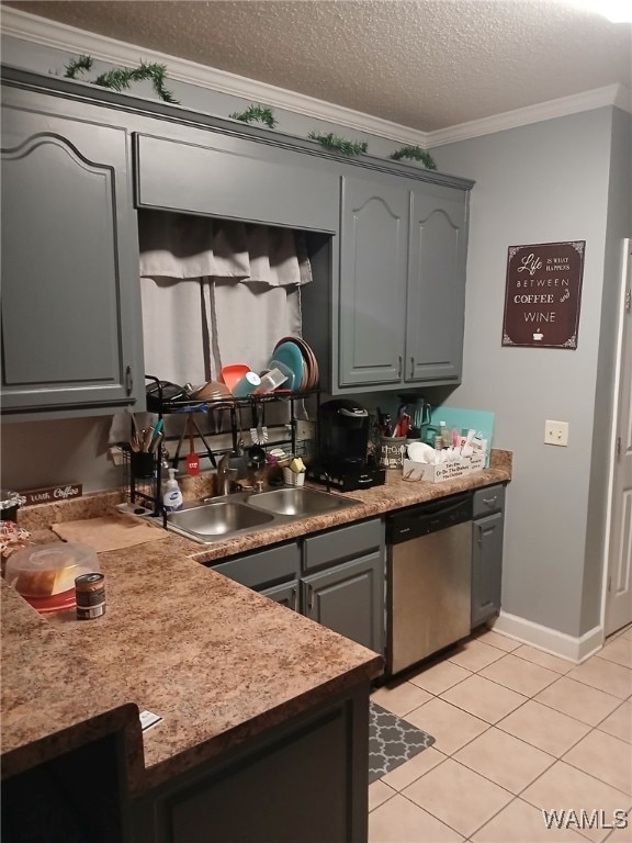 kitchen featuring gray cabinetry, dishwasher, a textured ceiling, light tile patterned flooring, and ornamental molding