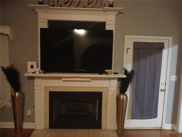 room details with a tiled fireplace