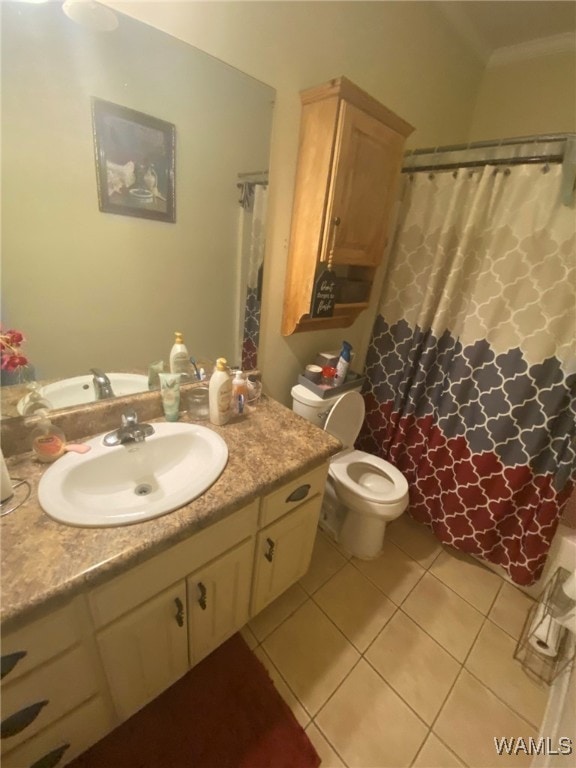 bathroom with tile patterned flooring, vanity, toilet, and a shower with shower curtain