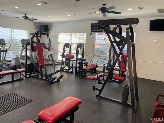 exercise room featuring ceiling fan