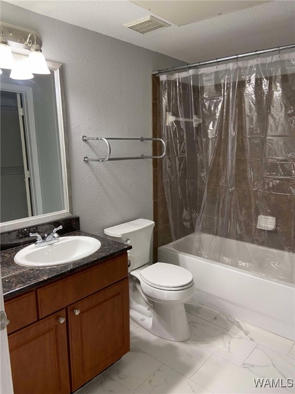 full bathroom featuring toilet, a textured ceiling, shower / bath combo with shower curtain, and vanity