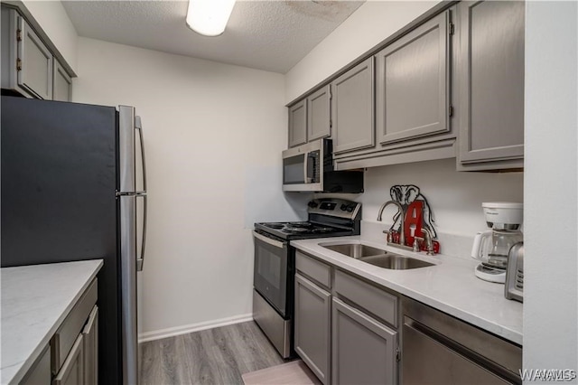 kitchen with gray cabinets, sink, light wood-type flooring, and stainless steel appliances