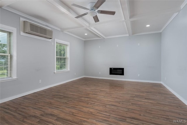 11376 Kings Loop Rd, Tuscaloosa, AL 35405 - unfurnished living room with a wall unit AC, dark wood-style floors, recessed lighting, coffered ceiling, and ceiling fan