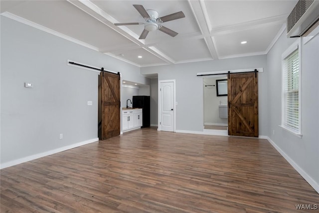 11376 Kings Loop Rd, Tuscaloosa, AL 35405 - unfurnished bedroom featuring a barn door, a wall unit AC, recessed lighting, coffered ceiling, and dark wood finished floors