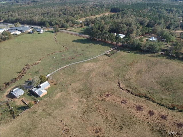 birds eye view of property with a view of trees and a rural view