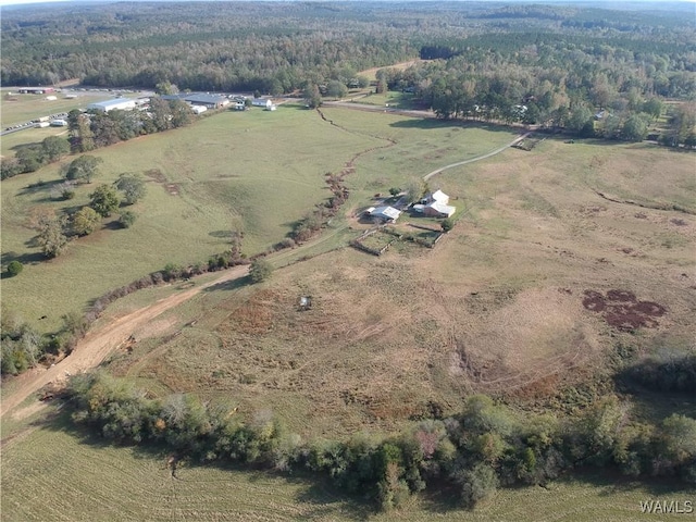 drone / aerial view featuring a rural view and a view of trees