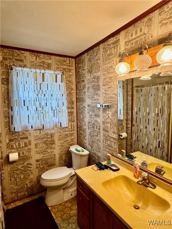 bathroom with toilet, vanity, and ornamental molding