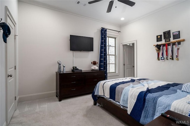 bedroom featuring ceiling fan, light carpet, baseboards, visible vents, and ornamental molding
