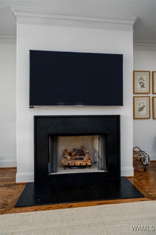 room details featuring crown molding, baseboards, wood finished floors, and a fireplace