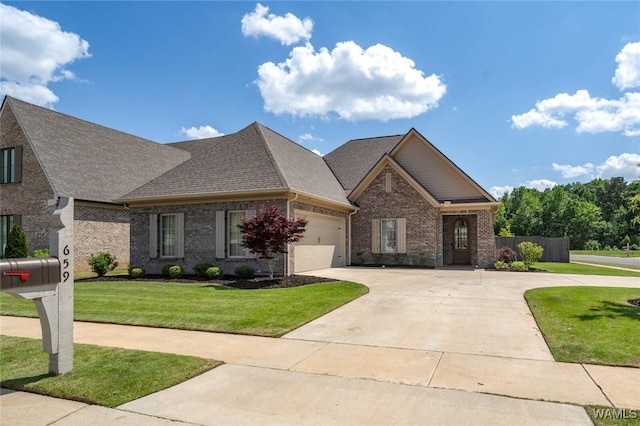 view of front of home with roof with shingles, an attached garage, brick siding, a front yard, and concrete driveway