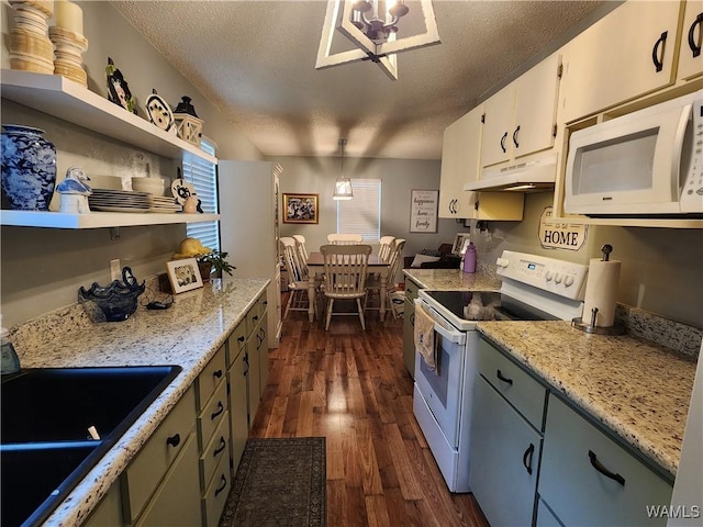 14735 Old Greensboro Rd, Tuscaloosa, AL 35405 - kitchen featuring white appliances, under cabinet range hood, open shelves, a sink, and dark wood-style floors