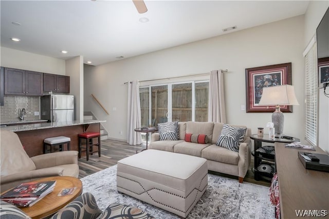 702 Gene Stallings Ave, Tuscaloosa, AL 35401 - living room with light wood finished floors, visible vents, stairs, recessed lighting, and a ceiling fan