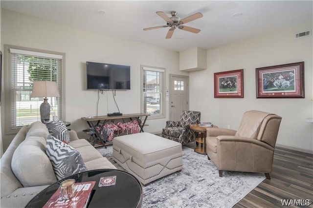 702 Gene Stallings Ave, Tuscaloosa, AL 35401 - living area with visible vents, plenty of natural light, ceiling fan, and wood finished floors
