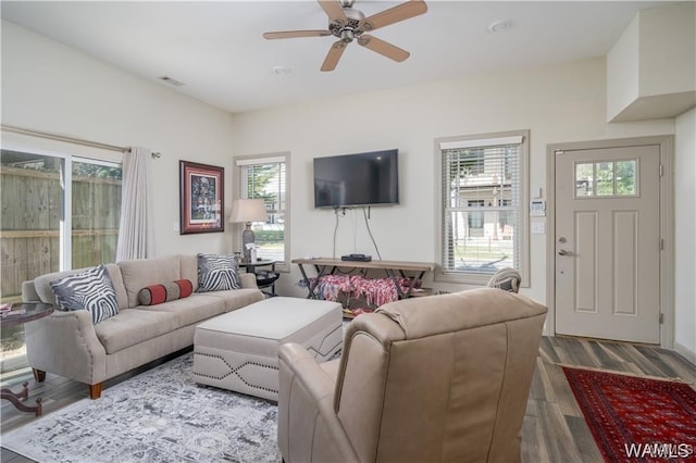 702 Gene Stallings Ave, Tuscaloosa, AL 35401 - living area featuring visible vents, a ceiling fan, and wood finished floors