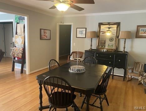 dining room featuring ceiling fan, light hardwood / wood-style floors, and crown molding