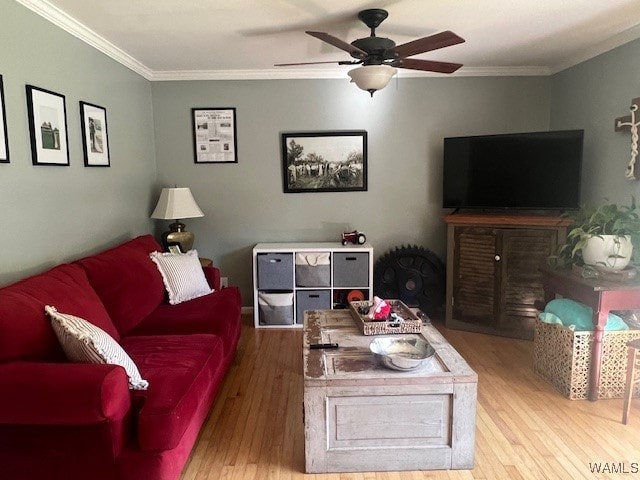 living room with crown molding and hardwood / wood-style flooring