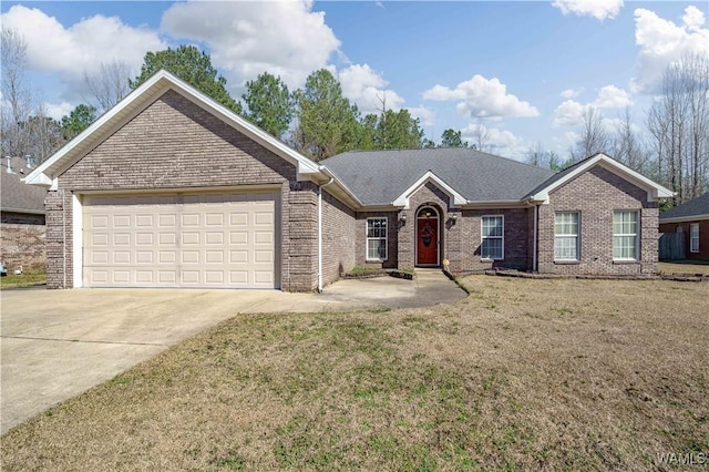 ranch-style home featuring an attached garage, a front yard, concrete driveway, and brick siding