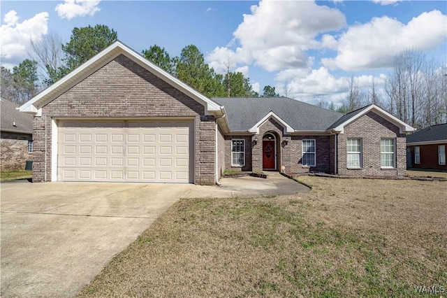 single story home with brick siding, a shingled roof, an attached garage, driveway, and a front lawn