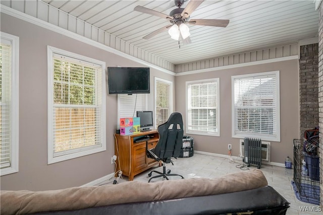 office area featuring ceiling fan, light tile patterned floors, and baseboards