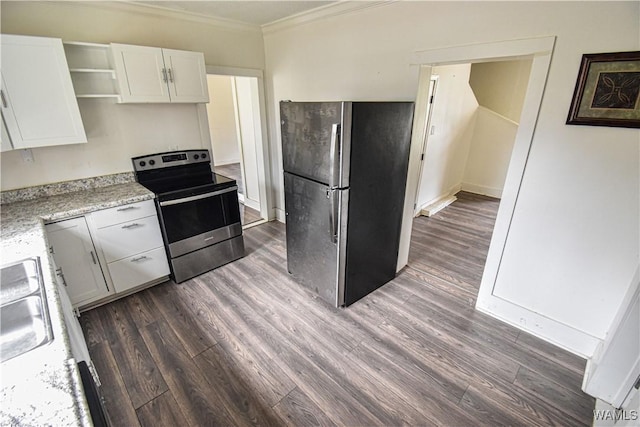 kitchen with dark wood-type flooring, white cabinetry, light stone counters, ornamental molding, and appliances with stainless steel finishes