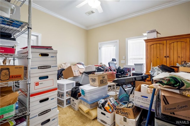 storage room featuring ceiling fan