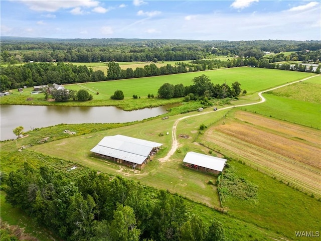 aerial view featuring a rural view and a water view