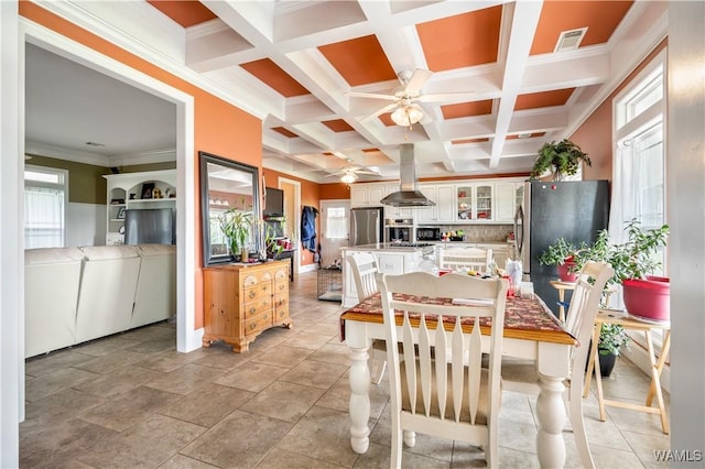 dining space with ornamental molding, a wealth of natural light, and coffered ceiling