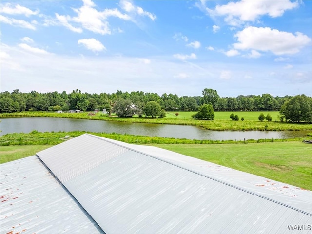 view of home's community with a lawn and a water view