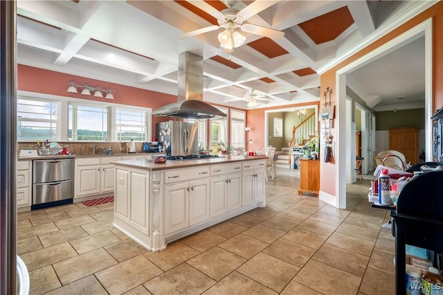 kitchen featuring stainless steel refrigerator, white cabinetry, backsplash, island exhaust hood, and a kitchen island