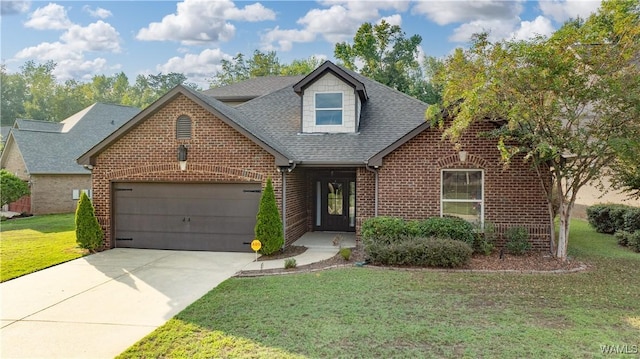 view of front of home featuring a garage, brick siding, driveway, roof with shingles, and a front lawn