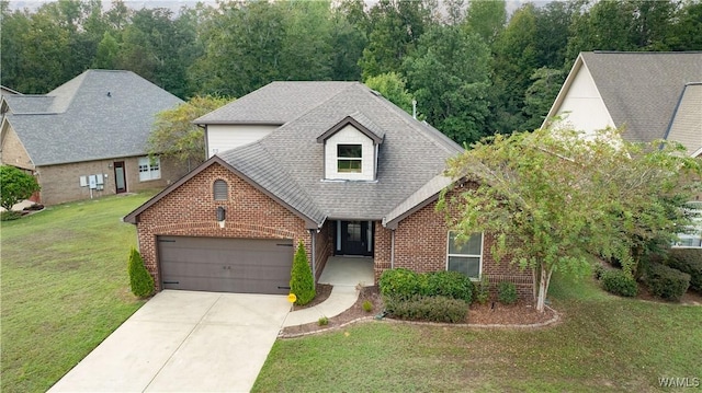 view of front of property with driveway, brick siding, a shingled roof, an attached garage, and a front yard