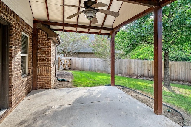 view of patio featuring ceiling fan and a fenced backyard