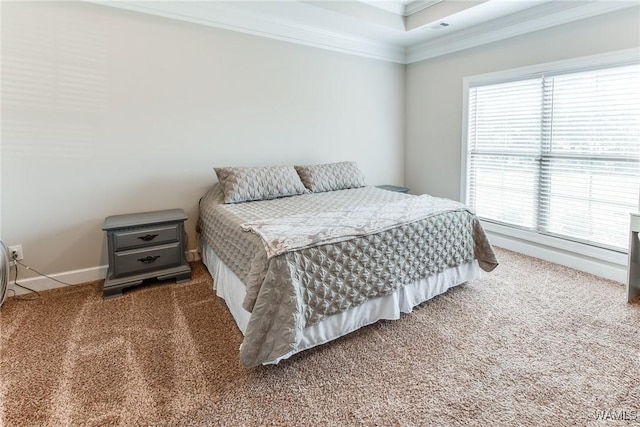 carpeted bedroom featuring crown molding, a raised ceiling, and multiple windows