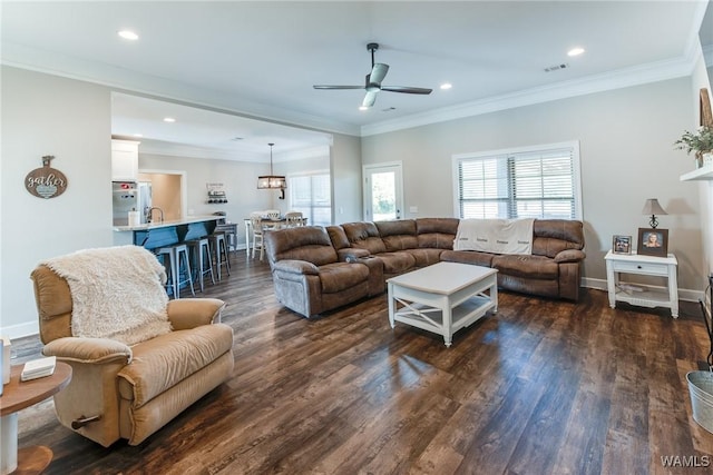 living room with sink, dark wood-type flooring, ceiling fan, and ornamental molding