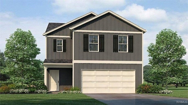 view of front facade with a garage, driveway, and board and batten siding