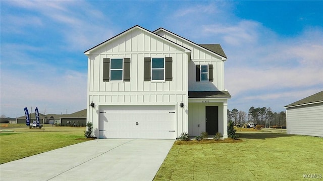 modern farmhouse featuring an attached garage, concrete driveway, board and batten siding, and a front yard