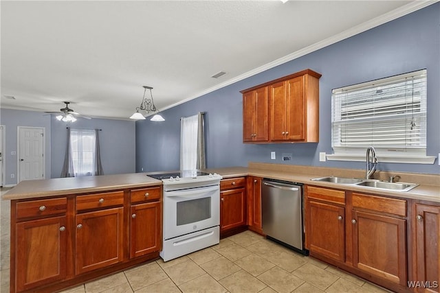 kitchen featuring sink, decorative light fixtures, dishwasher, kitchen peninsula, and electric stove