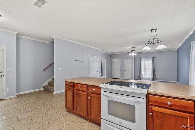 kitchen featuring pendant lighting, light tile patterned floors, electric range, ceiling fan, and crown molding