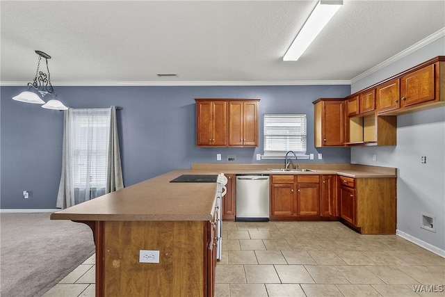 kitchen with sink, crown molding, a textured ceiling, dishwasher, and pendant lighting