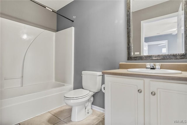 full bathroom with toilet, tile patterned floors, bathtub / shower combination, and vanity