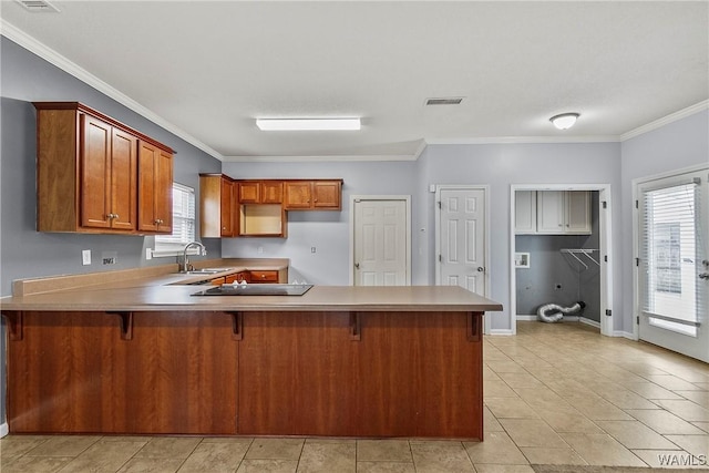 kitchen with crown molding, sink, and a breakfast bar