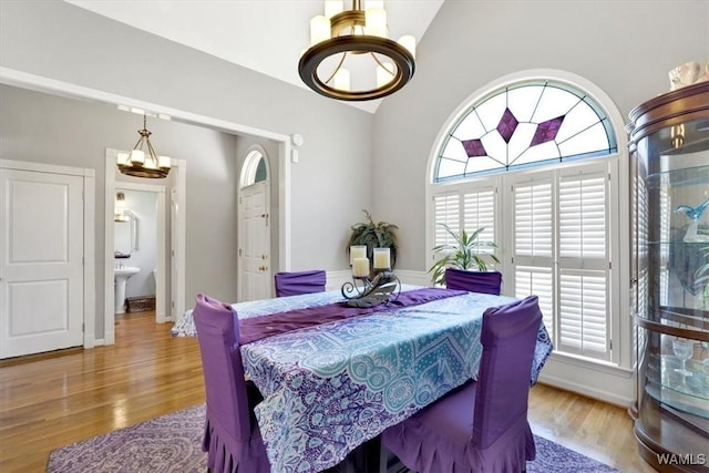 dining space featuring vaulted ceiling, plenty of natural light, and hardwood / wood-style floors