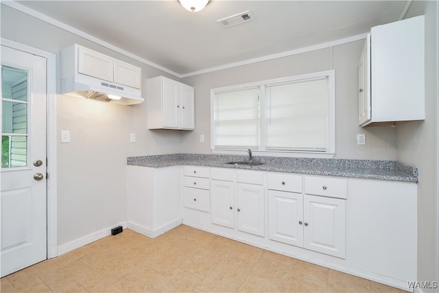 kitchen featuring white cabinets, a wealth of natural light, crown molding, and sink